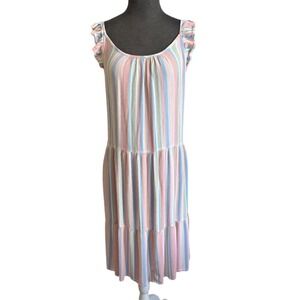 Absolutely Famous Womens Pastel Striped Tiered Midi Dress Ruffle Sleeve Medium